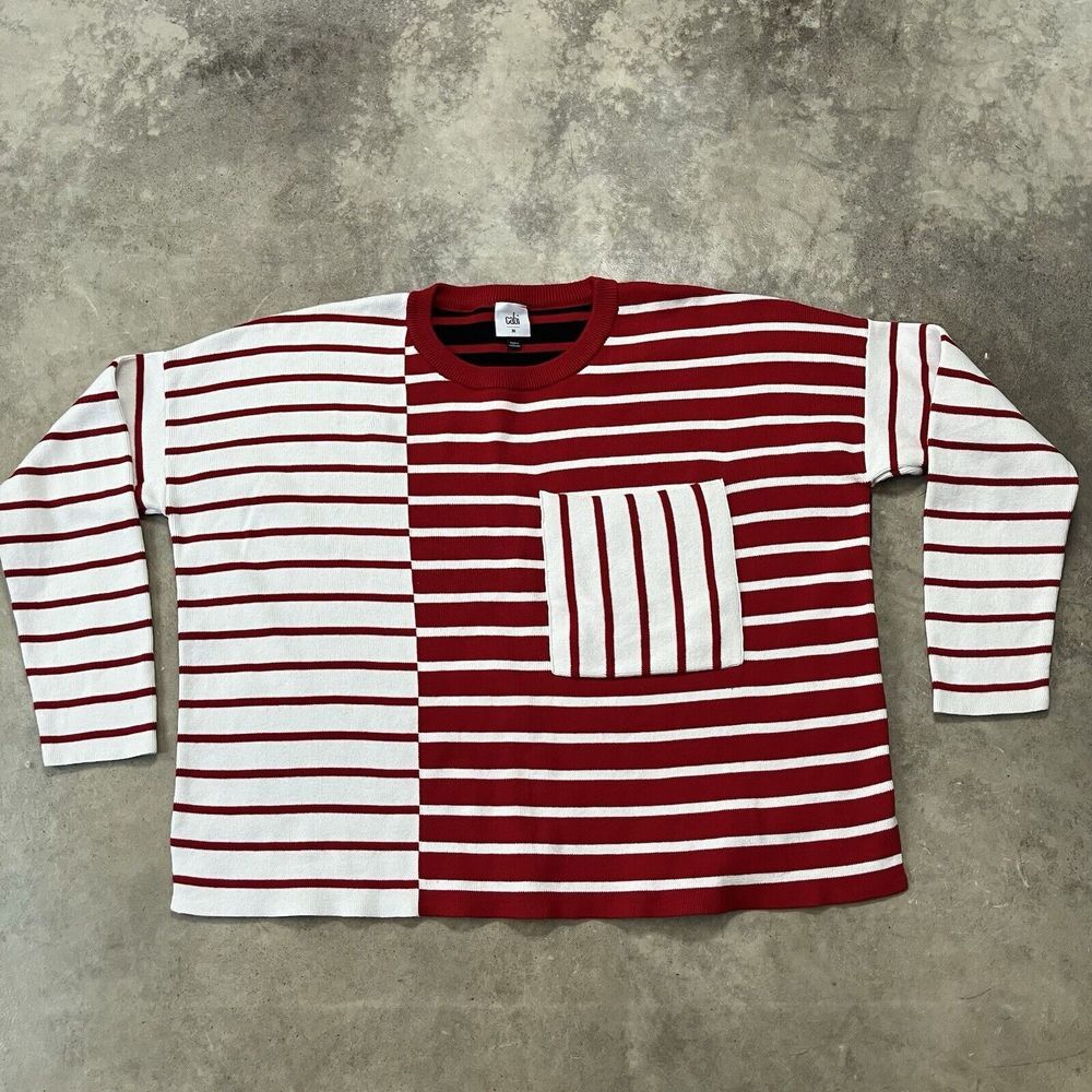 Cabi Sweater Womens Medium‎ Vivien Striped Red White Pocket Boxy Relaxed Soft